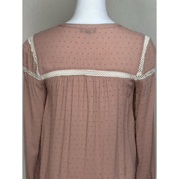 APEACH Women’s Top Blouse Sz Small Mauve Textured Lace Trim Long Sleeve Peasant - Picture 7 of 14